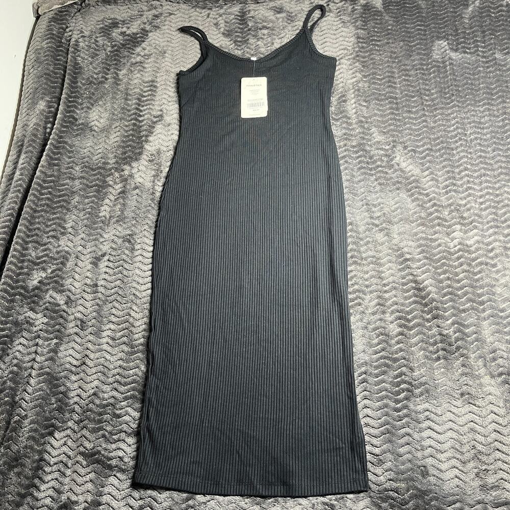 Fabletics Women's XS Aubrey Rib Dress Black Side Slit Contouring Midi Tank NWT